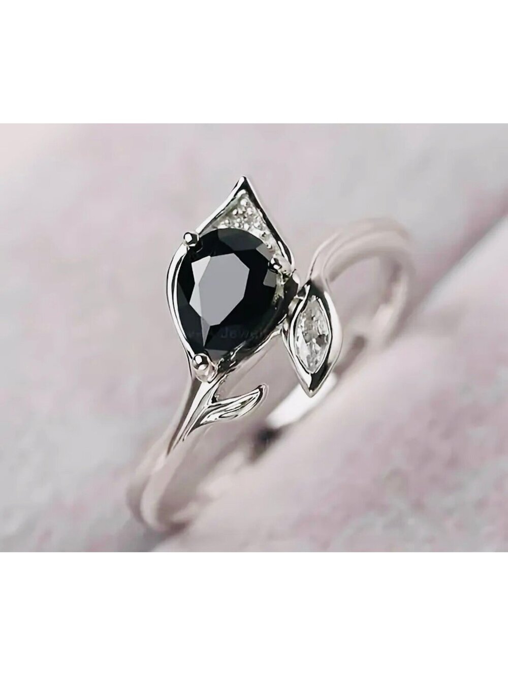 New - Unique - Black Zirconia Teardrop Leaf
Design Ring - Size 7